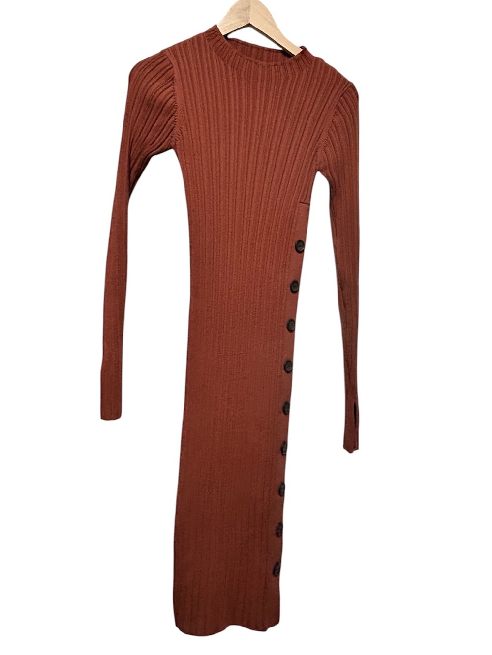 Adam Lippes Rust Ribbed Long-Sleeve Maxi Sweater Dress with Side Buttons